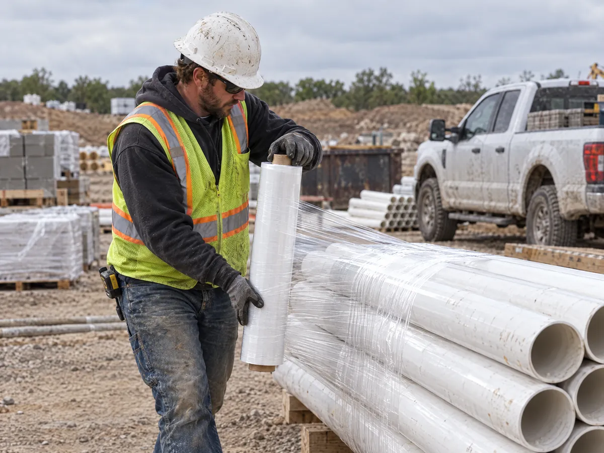 Worker in a hard hat bundles a stack of white PVC pipes with stretch film on a construction site