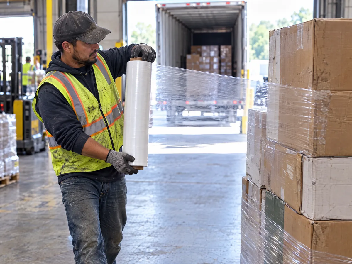 Warehouse worker in a hi-vis vest and gloves hand-wraps a pallet of cartons with stretch film near a loading dock