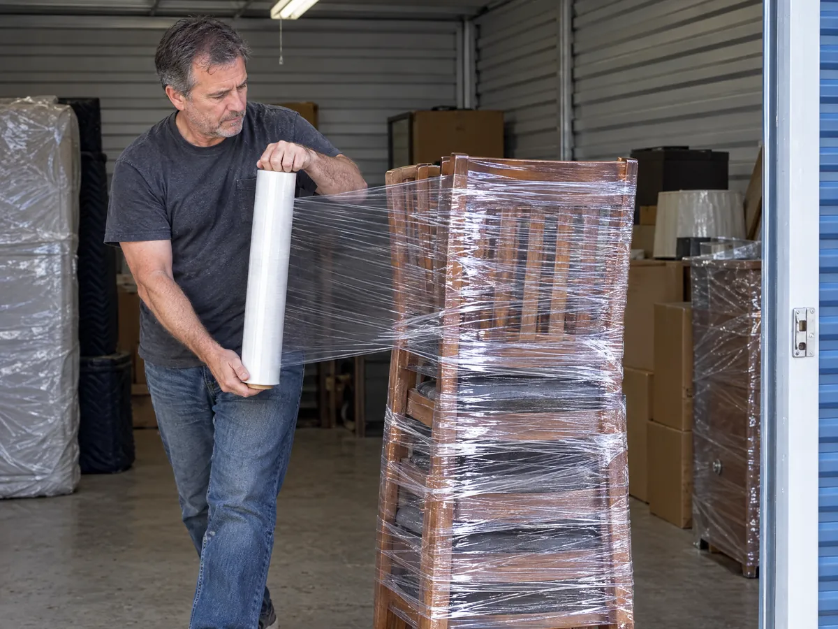 Man wraps a stack of wooden dining chairs in clear stretch film inside an open self-storage unit